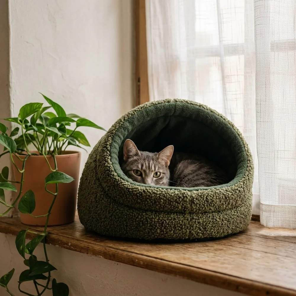A grey tabby cat sitting inside a moss green bouclé hooded cat cave on a wooden windowsill, next to a trailing plant and a sheer curtain.
